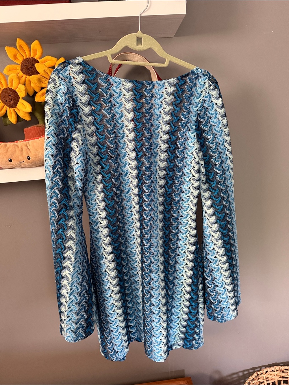 Blue crochet long sleeve swim coverup